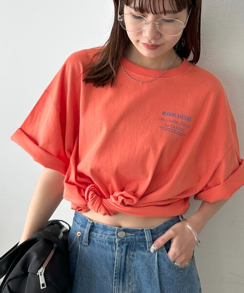 オレンジ グラフィックTシャツ S-M セール】【ユニセックス】ミックスフォントバックグラフィックT