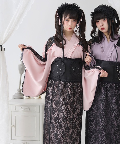 夢展望 dearmylove 肩レースフリル浴衣 サックスブルー 帯付き M 夢展望 dearmylove 肩レースフリル浴衣 サックスブルー 帯付き M