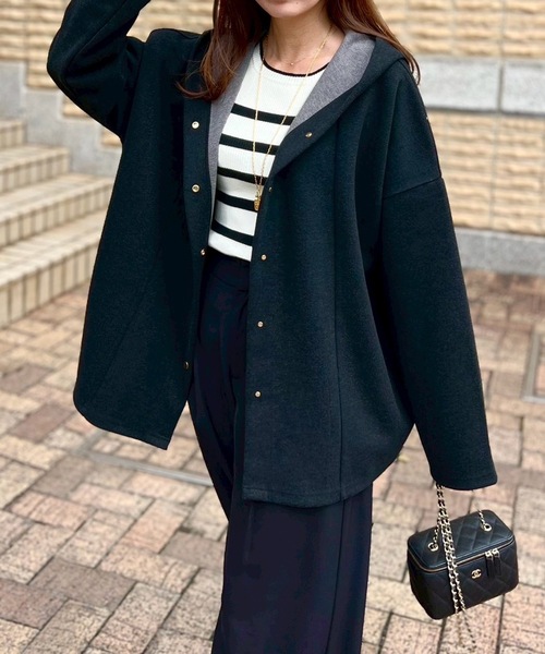 Emma Taylor（エマテイラー）の「ヘリンボーンフーディ―コート（その他アウター・レディース・ブラック/ライトベージュ・FREE）」の7枚目の写真