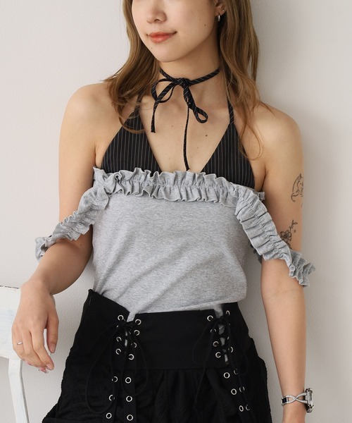 ROOPTOKYO(ループトウキョウ)の「Faux Layered Frilled Camisole / フェイクレイヤード フリルキャミソール 夏物 夏服(キャミソール・レディース・グレー/ブラック・FREE)」の10枚目の写真