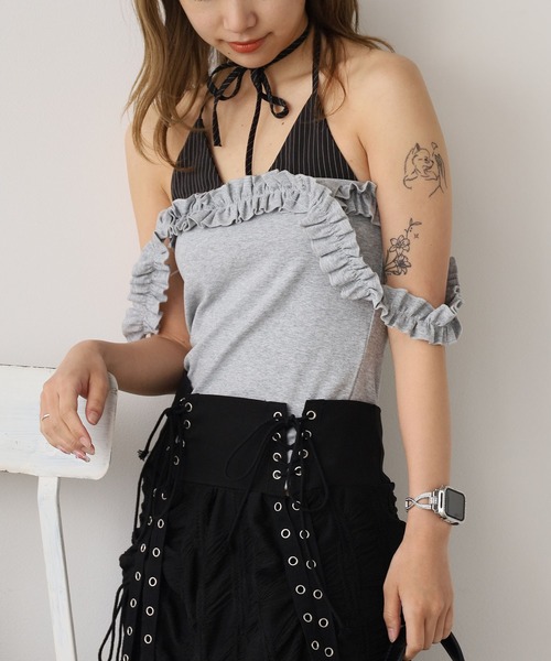 y1419【MECRE メクル】キャミソール　フリル　レイヤード　フェミニン セール】Faux Layered Frilled Camisole / フェイクレイヤード