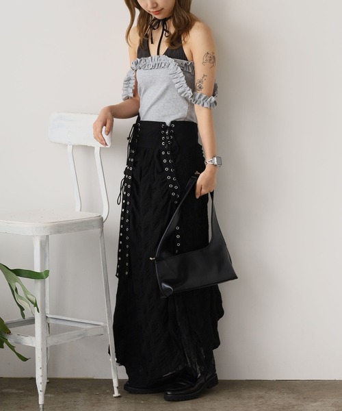 ROOPTOKYO(ループトウキョウ)の「Faux Layered Frilled Camisole / フェイクレイヤード フリルキャミソール 夏物 夏服(キャミソール・レディース・グレー/ブラック・FREE)」の12枚目の写真