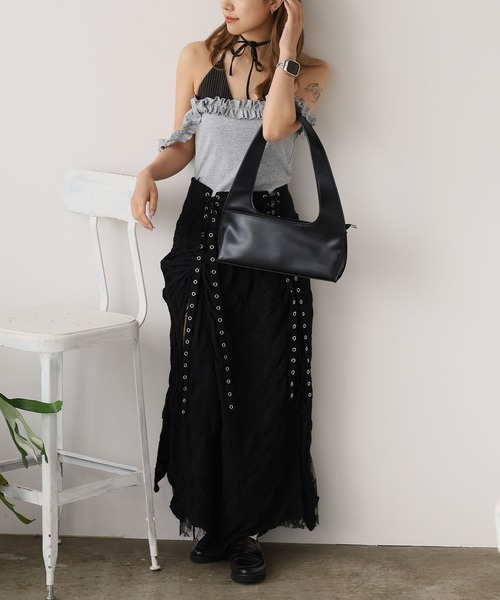 ROOPTOKYO(ループトウキョウ)の「Faux Layered Frilled Camisole / フェイクレイヤード フリルキャミソール 夏物 夏服(キャミソール・レディース・グレー/ブラック・FREE)」の13枚目の写真