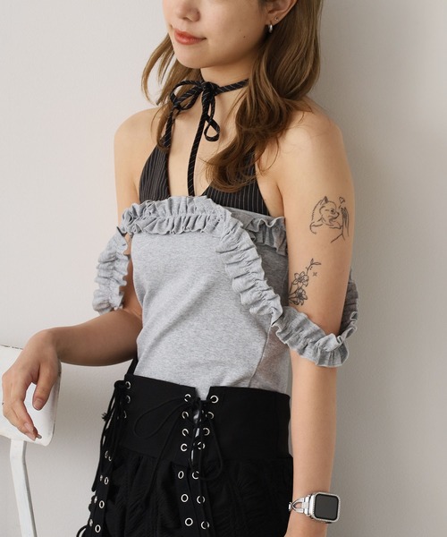 ROOPTOKYO(ループトウキョウ)の「Faux Layered Frilled Camisole / フェイクレイヤード フリルキャミソール 夏物 夏服(キャミソール・レディース・グレー/ブラック・FREE)」の19枚目の写真