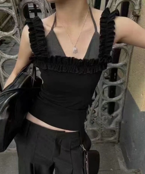 ROOPTOKYO(ループトウキョウ)の「Faux Layered Frilled Camisole / フェイクレイヤード フリルキャミソール 夏物 夏服(キャミソール・レディース・グレー/ブラック・FREE)」の20枚目の写真