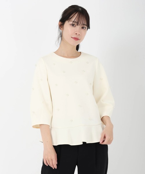 STRAWBERRY-FIELDS（ストロベリーフィールズ）の「パールライトダンボール_パール付きジャージプルオーバー（Tシャツ/カットソー・レディース・オフホワイト/グレー・2）」の5枚目の写真