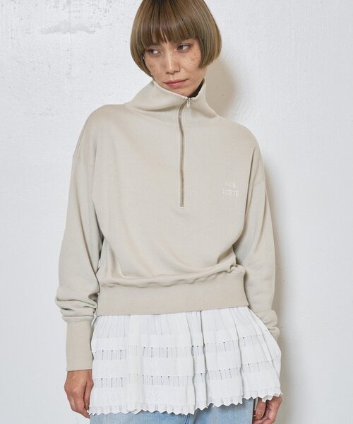 Whim Gazette 裏毛クロップドプルオーバー　グレー Whim Gazette(ウィム ガゼット)｜ハーフジップロゴ裏毛プルオーバー