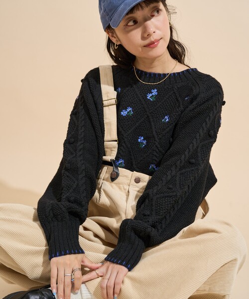 セール】花刺繍 ニットプルオーバー/ ケーブルニット（ニット