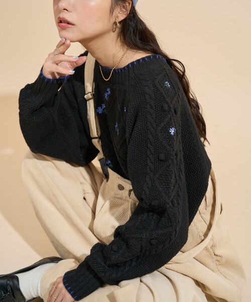 FREAK'S STORE(フリークスストア)の「花刺繍 ニットプルオーバー/ ケーブルニット(ニット/セーター・レディース・オフホワイト/ブラック・フリ-)」の12枚目の写真