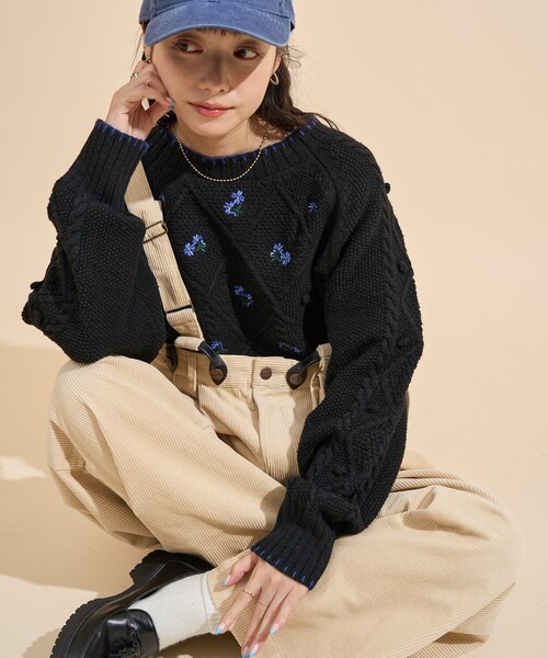 セール】花刺繍 ニットプルオーバー/ ケーブルニット（ニット