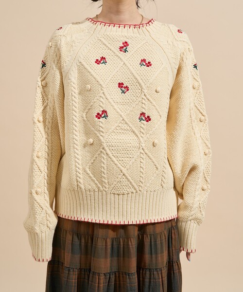 セール】花刺繍 ニットプルオーバー/ ケーブルニット（ニット/セーター