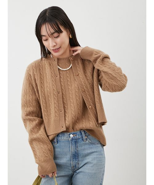 セットアップ対応】カシミヤタッチケーブルニットカーディガン