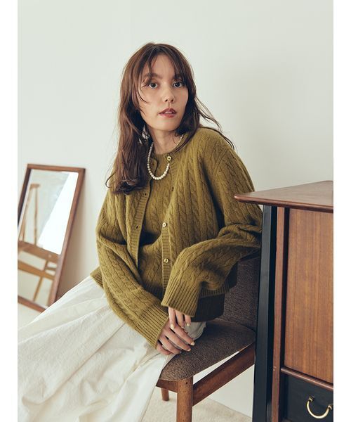 セットアップ対応】カシミヤタッチケーブルニットカーディガン