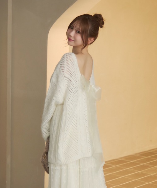 新品未使用 タグ付き キッドモヘアシアー2wayリボンニット オフホワイト 2wayキッドモヘヤシアーニット