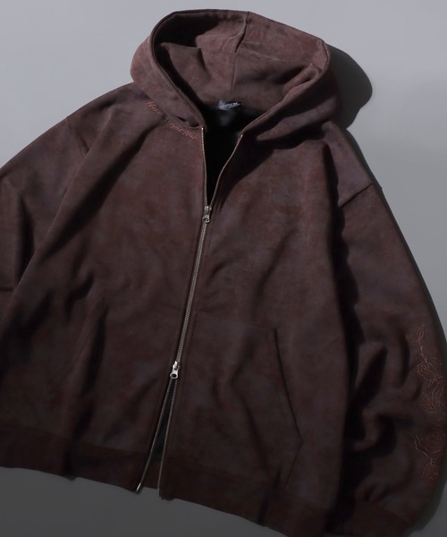 SITRY(シトリー)の「Trival Logo & Rose Design Hoodie/トライバルロゴ フラワー刺繍 オーバーサイズ ダブルジップ フルジップパーカー フーディー パーカー スウェット レディース メンズ(パーカー・メンズ・ブラウン/ブラック/ワイン/ブラウン系その他・L/M)」の4枚目の写真