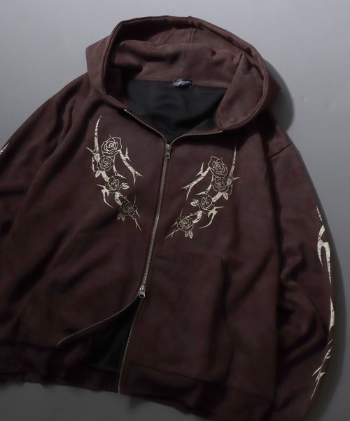 SITRY(シトリー)の「Trival Logo & Rose Design Hoodie/トライバルロゴ フラワー刺繍 オーバーサイズ ダブルジップ フルジップパーカー フーディー パーカー スウェット レディース メンズ(パーカー・メンズ・ブラウン/ブラック/ワイン/ブラウン系その他・L/M)」の3枚目の写真