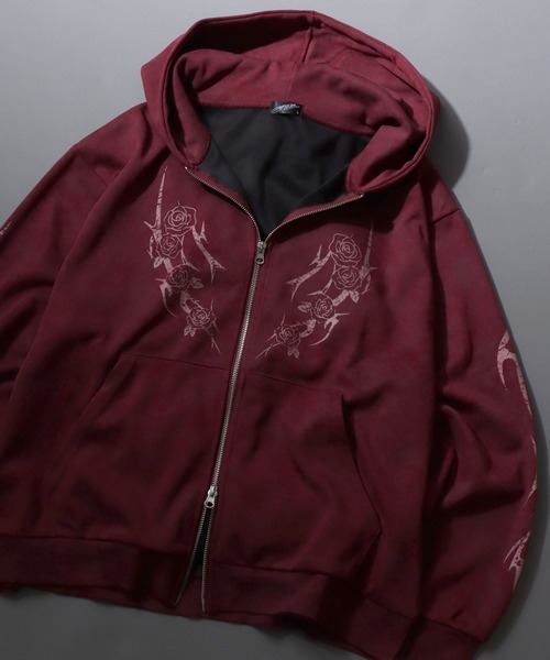 SITRY(シトリー)の「Trival Logo & Rose Design Hoodie/トライバルロゴ フラワー刺繍 オーバーサイズ ダブルジップ フルジップパーカー フーディー パーカー スウェット レディース メンズ(パーカー・メンズ・ブラウン/ブラック/ワイン/ブラウン系その他・L/M)」の1枚目の写真