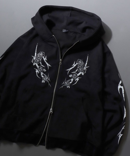 SITRY(シトリー)の「Trival Logo & Rose Design Hoodie/トライバルロゴ フラワー刺繍 オーバーサイズ ダブルジップ フルジップパーカー フーディー パーカー スウェット レディース メンズ(パーカー・メンズ・ブラウン/ブラック/ワイン/ブラウン系その他・L/M)」の2枚目の写真