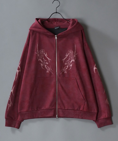 SITRY(シトリー)の「Trival Logo & Rose Design Hoodie/トライバルロゴ フラワー刺繍 オーバーサイズ ダブルジップ フルジップパーカー フーディー パーカー スウェット レディース メンズ(パーカー・メンズ・ブラウン/ブラック/ワイン/ブラウン系その他・L/M)」の9枚目の写真