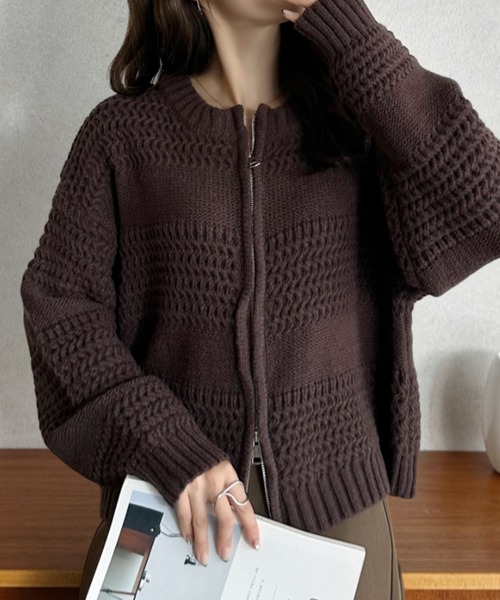 Eclat one（エクラワン）の「【Eclat one】ジップ アップ ニット プルオーバー（ニット/セーター・レディース・ブラウン/アイボリー/イエロー・FREE）」の13枚目の写真