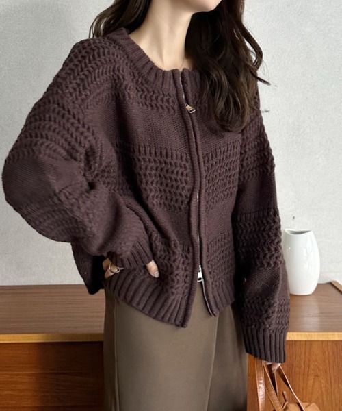 Eclat one（エクラワン）の「【Eclat one】ジップ アップ ニット プルオーバー（ニット/セーター・レディース・ブラウン/アイボリー/イエロー・FREE）」の12枚目の写真
