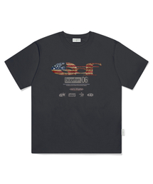 ヴィンテージフラッグ ESCF ロゴコラージュプリントオーバーサイズ半袖Tシャツチャコール
