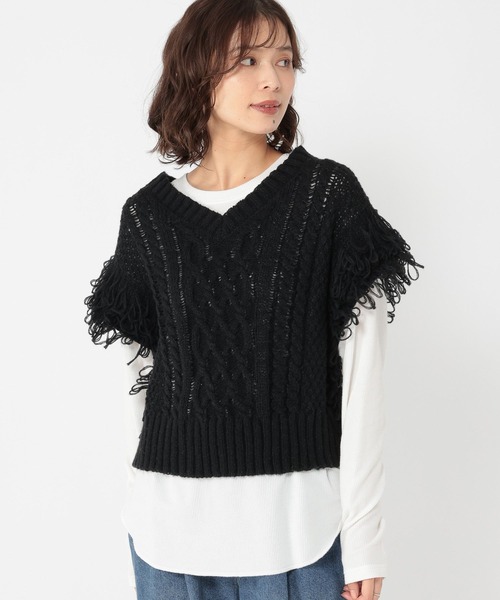 studio CLIP(スタディオクリップ)の「3ゲージフリンジニットベスト(ベスト・レディース・オフホワイト/ブラック・FREE)」の9枚目の写真