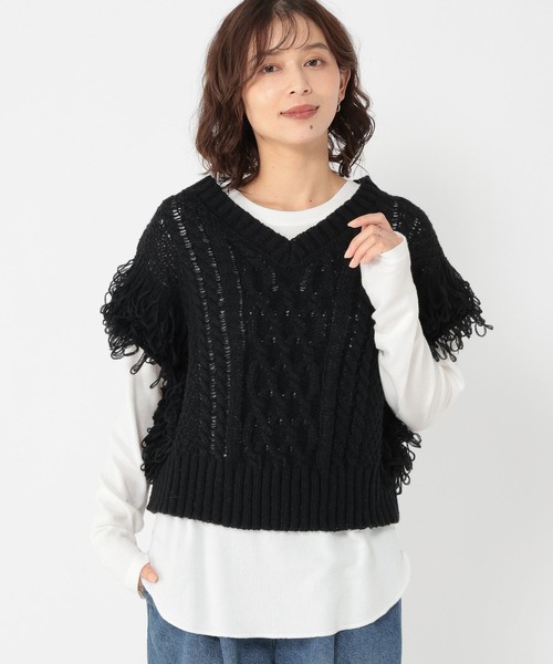 studio CLIP(スタディオクリップ)の「3ゲージフリンジニットベスト(ベスト・レディース・オフホワイト/ブラック・FREE)」の10枚目の写真