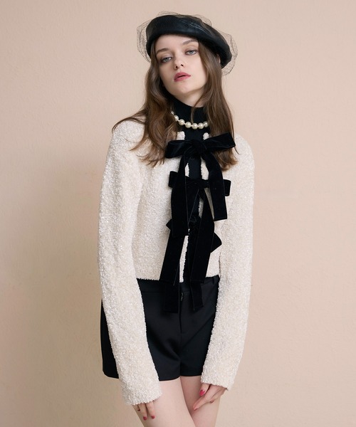 EIMY ISTOIRE（エイミーイストワール）の「フロントリボンニットトップス（ニット/セーター・レディース・ピンク/アイボリー/ブラック・F）」の12枚目の写真