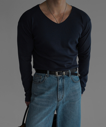 BOWLOW PRODUCT（バウロープロダクト）の「Fine Ribbed V Neck Long Sleeve Knit Tee [Navy]（Tシャツ/カットソー）」