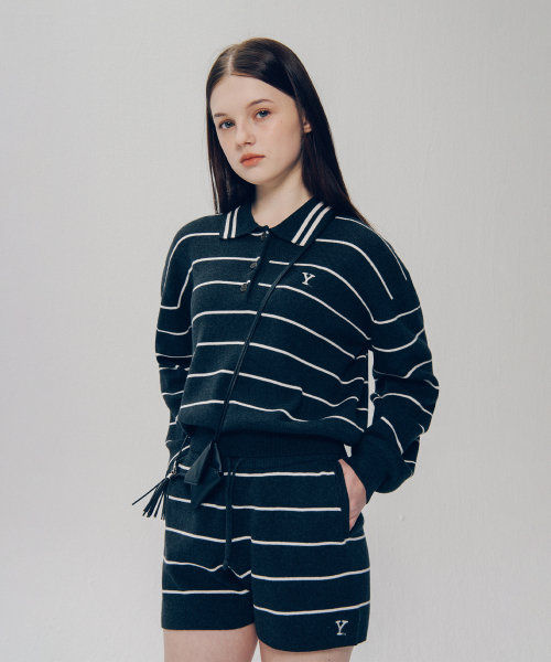 YALE(イェール)の「ウィメンズ Yロゴストライプポロニット_チャコール(ニット/セーター・レディース・その他・SMALL/MEDIUM)」の1枚目の写真