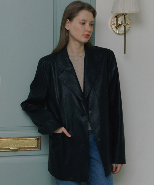 NONLOCAL(ノンローカル)の「Faux Leather Oversize Jacket - Black(ライダースジャケット・レディース・ブラック・FREE)」の1枚目の写真