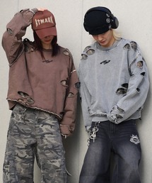 《フリーサイズ展開 / UNISEX 》フェイクレイヤード ダメージ加工トレーナー