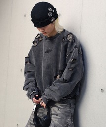 《フリーサイズ展開　/　UNISEX　》フェイクレイヤード　ダメージ加工トレーナー