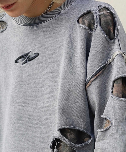 ATMARK(アットマーク)の「《フリーサイズ展開 / UNISEX 》フェイクレイヤード ダメージ加工トレーナー(スウェット・レディース・ブラック/ブラウン/グレー・LARGE)」の22枚目の写真
