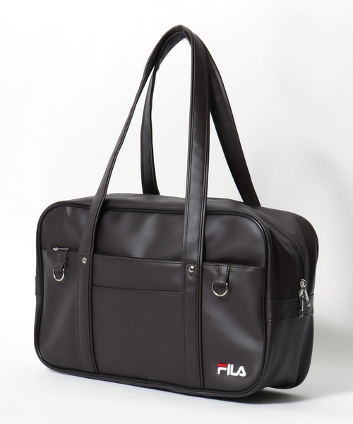 FILA(フィラ)の「FILA(フィラ)スクールバッグ/フェイクレザー/ブランドロゴ刺繍/Dカン付き/ユニセックス(ボストンバッグ・レディース・ダークブラウン/ブラック・FREE)」の1枚目の写真