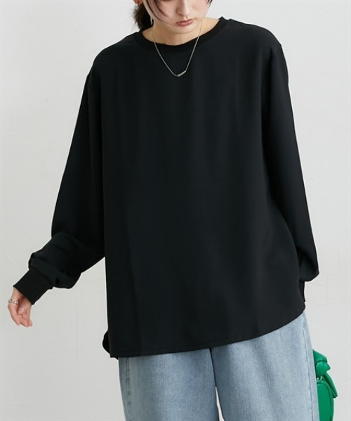 nissen（ニッセン）の「【しわになりにくい・ＵＶカット】リブ使いゆるシルエットＴブラウス（Tシャツ/カットソー・レディース・ブラック/オフホワイト・M/L/LL/3L）」の2枚目の写真