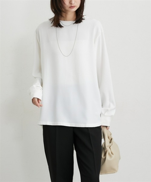 nissen（ニッセン）の「【しわになりにくい・ＵＶカット】リブ使いゆるシルエットＴブラウス（Tシャツ/カットソー・レディース・ブラック/オフホワイト・M/L/LL/3L）」の6枚目の写真