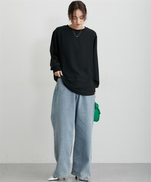 nissen（ニッセン）の「【しわになりにくい・ＵＶカット】リブ使いゆるシルエットＴブラウス（Tシャツ/カットソー・レディース・ブラック/オフホワイト・M/L/LL/3L）」の19枚目の写真