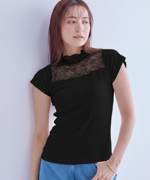 nissen（ニッセン）の「綿100％ レースハイネックフレンチ袖インナー（Tシャツ/カットソー・レディース・ブラック/オフホワイト・M/L/LL/3L/S）」の2枚目の写真