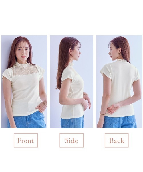 nissen（ニッセン）の「綿100％ レースハイネックフレンチ袖インナー（Tシャツ/カットソー・レディース・ブラック/オフホワイト・M/L/LL/3L/S）」の5枚目の写真