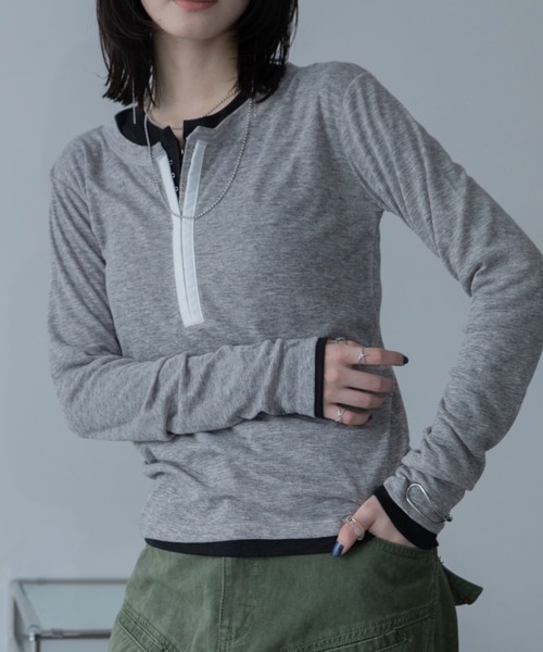 VACANCY(ヴァカンシー)の「フロントフックシアーリブトップス(Tシャツ/カットソー・レディース・グレー/ホワイト/ブラック・FREE)」の3枚目の写真
