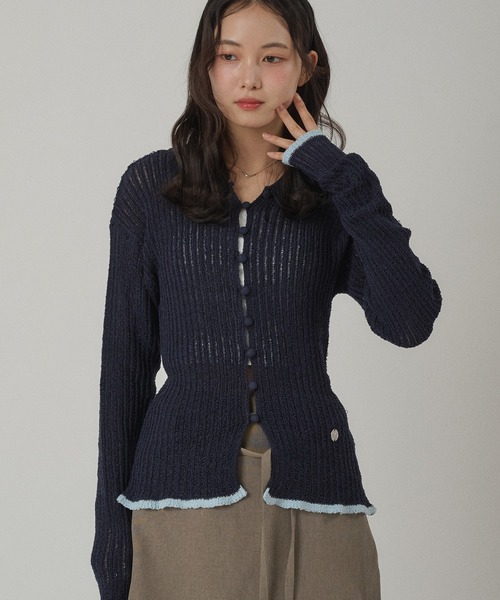 MUHET(ミュエータ)の「pointelle knit shirt cardigan / 透かし編みニットシャツカーディガン(カーディガン/ボレロ・レディース・ネイビー/アイボリー/グレー・FREE)」の3枚目の写真