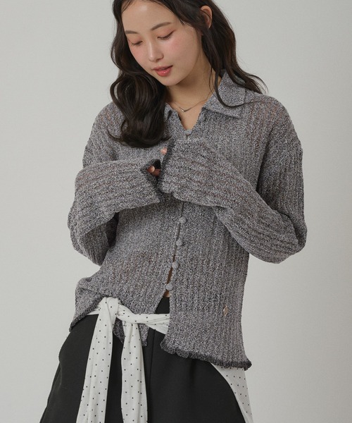 MUHET(ミュエータ)の「pointelle knit shirt cardigan / 透かし編みニットシャツカーディガン(カーディガン/ボレロ・レディース・ネイビー/アイボリー/グレー・FREE)」の2枚目の写真