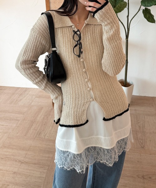 MUHET(ミュエータ)の「pointelle knit shirt cardigan / 透かし編みニットシャツカーディガン(カーディガン/ボレロ・レディース・ネイビー/アイボリー/グレー・FREE)」の1枚目の写真