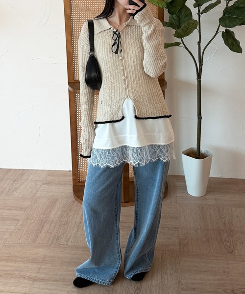 MUHET(ミュエータ)の「pointelle knit shirt cardigan / 透かし編みニットシャツカーディガン(カーディガン/ボレロ・レディース・ネイビー/アイボリー/グレー・FREE)」の18枚目の写真