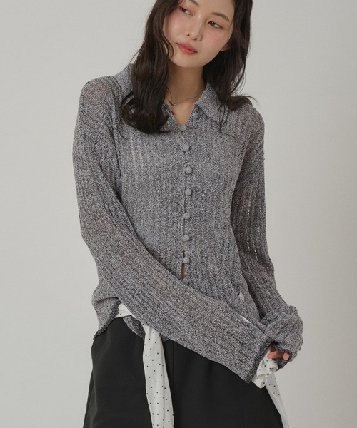 MUHET(ミュエータ)の「pointelle knit shirt cardigan / 透かし編みニットシャツカーディガン(カーディガン/ボレロ・レディース・ネイビー/アイボリー/グレー・FREE)」の4枚目の写真