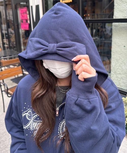 nemne store(ネンネストア)の「キラキラリボンジップPK(パーカー・レディース・杢グレー/ピンク系/ネイビー・SMALL/MEDIUM)」の5枚目の写真
