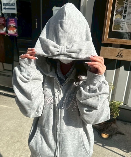 nemne store(ネンネストア)の「キラキラリボンジップPK(パーカー・レディース・杢グレー/ピンク系/ネイビー・SMALL/MEDIUM)」の8枚目の写真