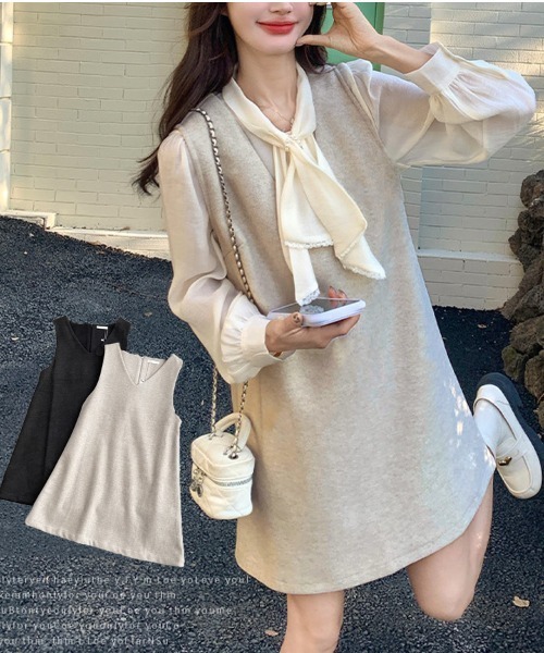 shoppinggo(ショッピングゴー)の「ミニワンピース タンクワンピ ノースリーブ ショート丈 サロペットワンピース(ワンピース・レディース・ブラック/ベージュ・FREE)」の3枚目の写真